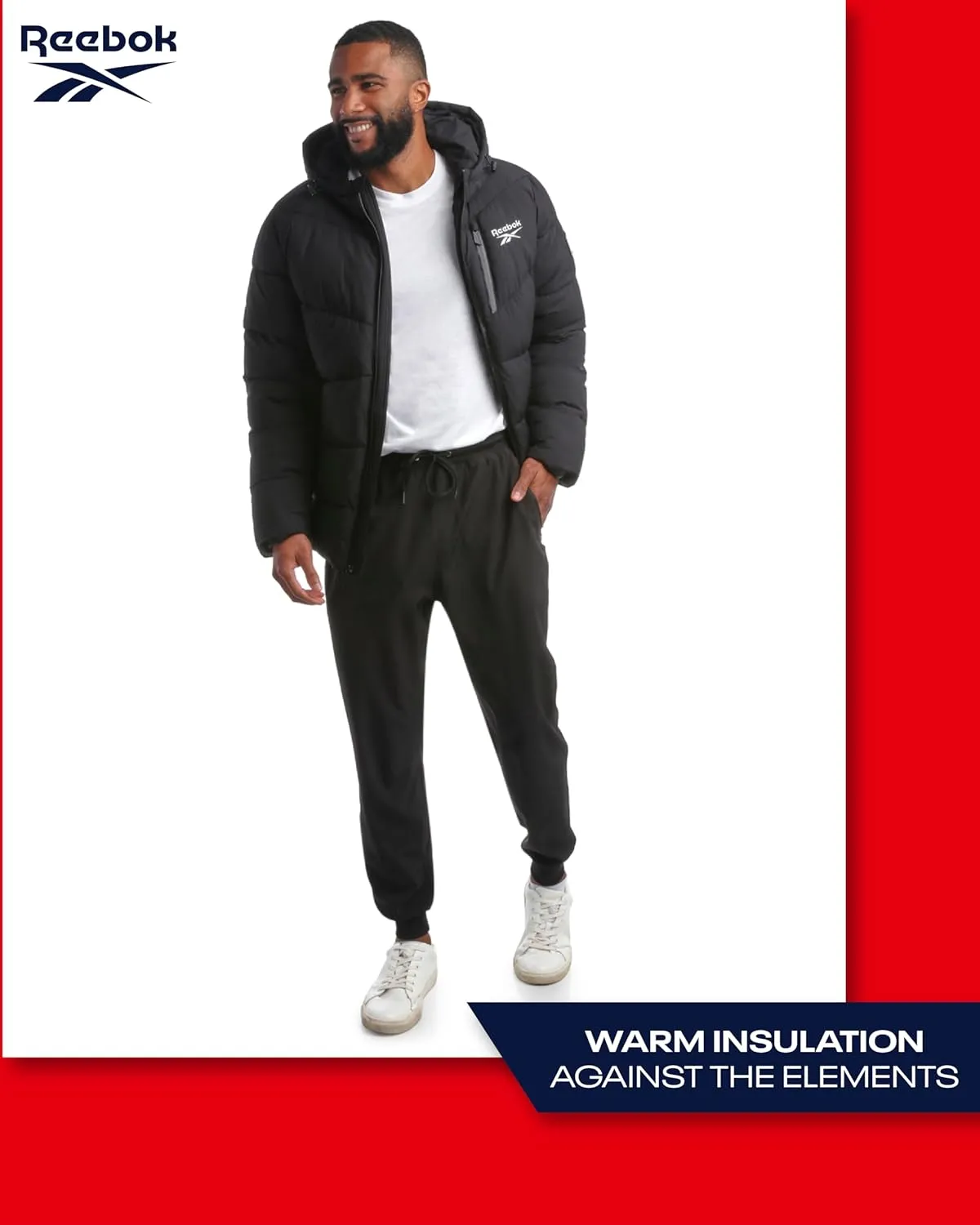 Reebok Men's Puffer Jacket - Comfort Stretch Insulated Puffer Jacket with Hood - Warm Hooded Jackets for Men (S-XXL)