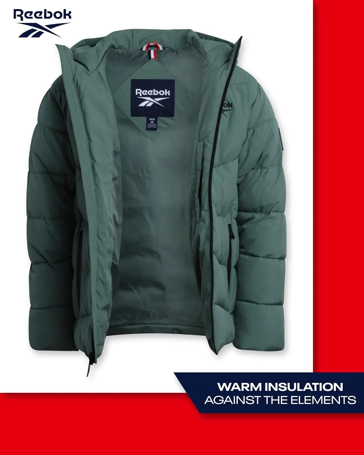 Reebok Men's Puffer Jacket - Comfort Stretch Insulated Puffer Jacket with Hood - Warm Hooded Jackets for Men (S-XXL)