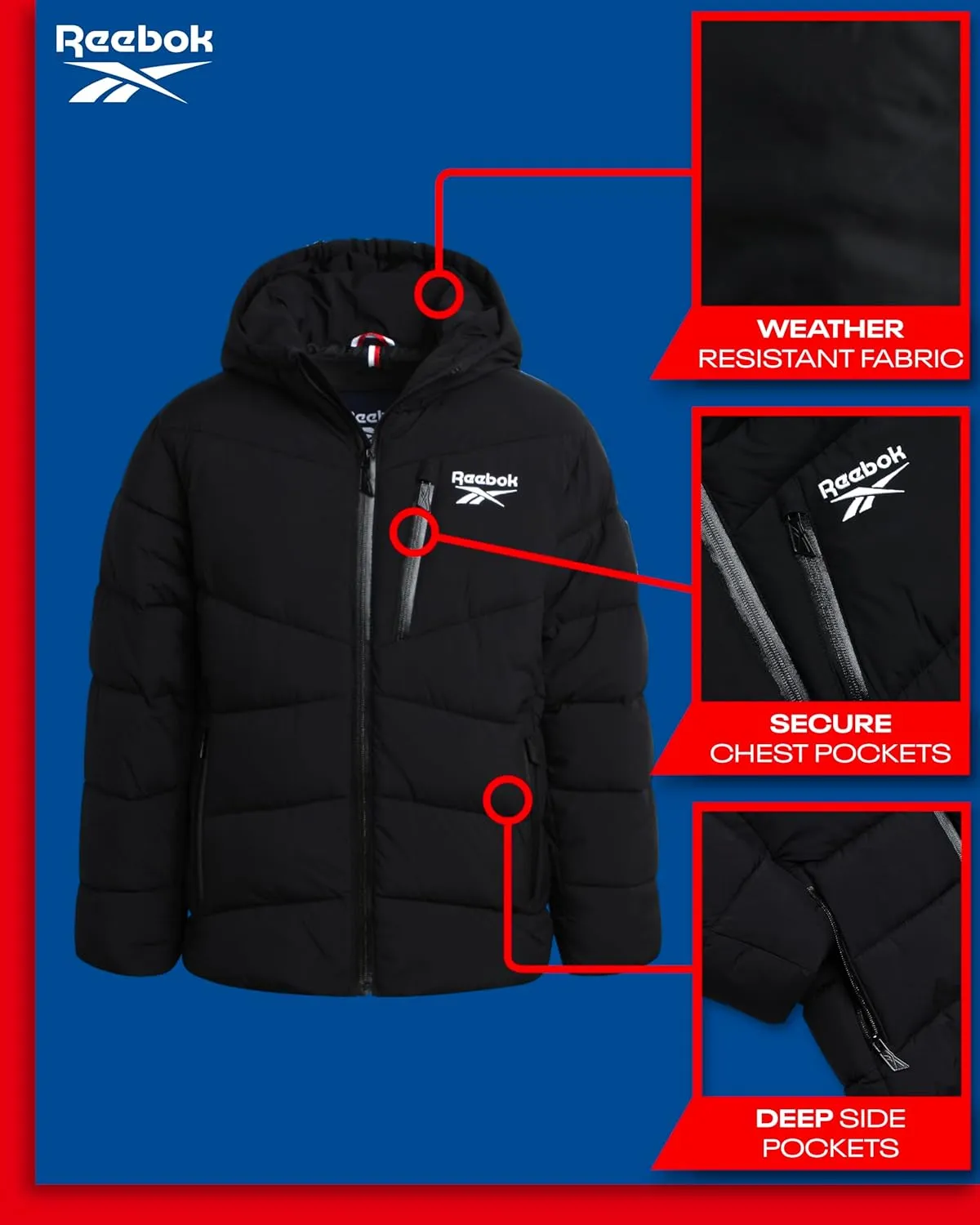 Reebok Men's Puffer Jacket - Comfort Stretch Insulated Puffer Jacket with Hood - Warm Hooded Jackets for Men (S-XXL)