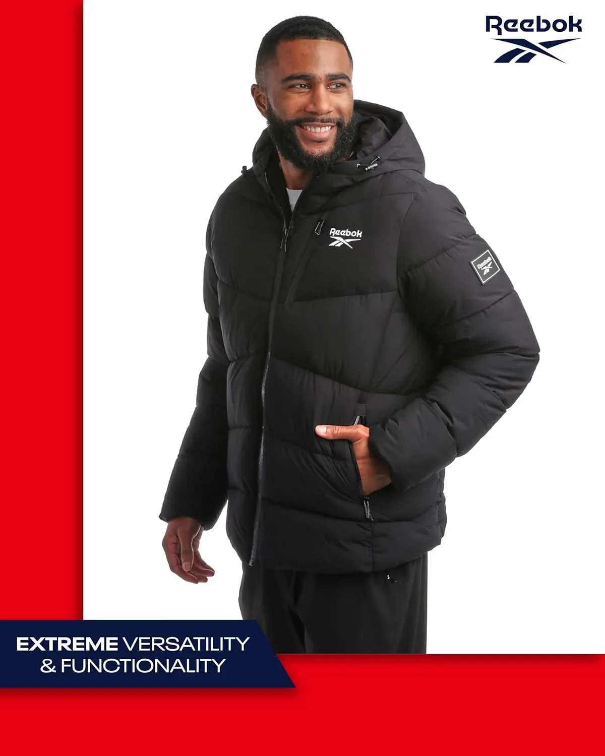 Reebok Men's Puffer Jacket - Comfort Stretch Insulated Puffer Jacket with Hood - Warm Hooded Jackets for Men (S-XXL)