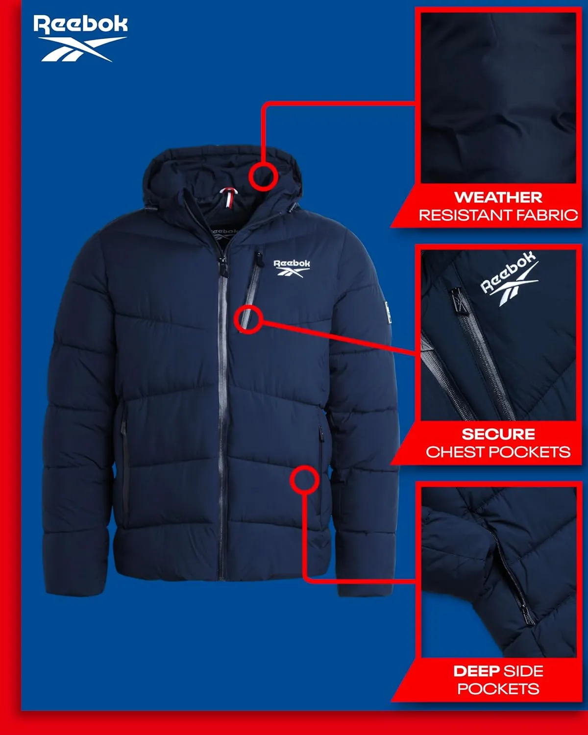 Reebok Men's Puffer Jacket - Comfort Stretch Insulated Puffer Jacket with Hood - Warm Hooded Jackets for Men (S-XXL)