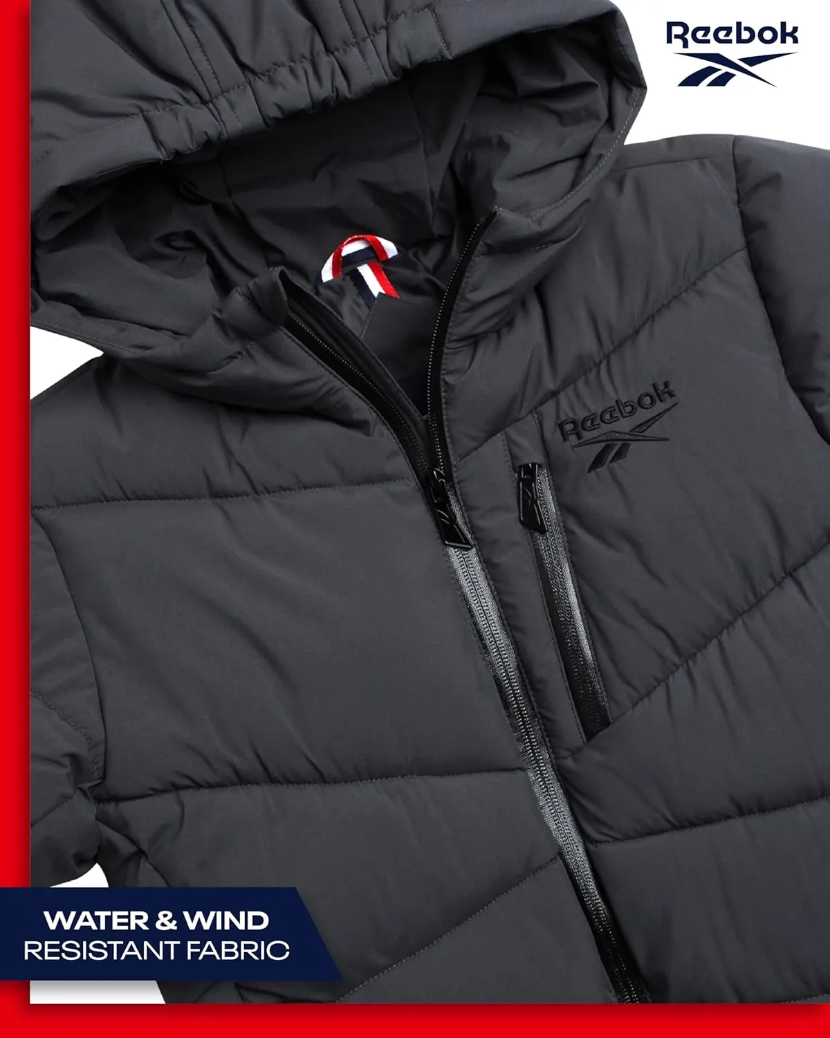 Reebok Men's Puffer Jacket - Comfort Stretch Insulated Puffer Jacket with Hood - Warm Hooded Jackets for Men (S-XXL)