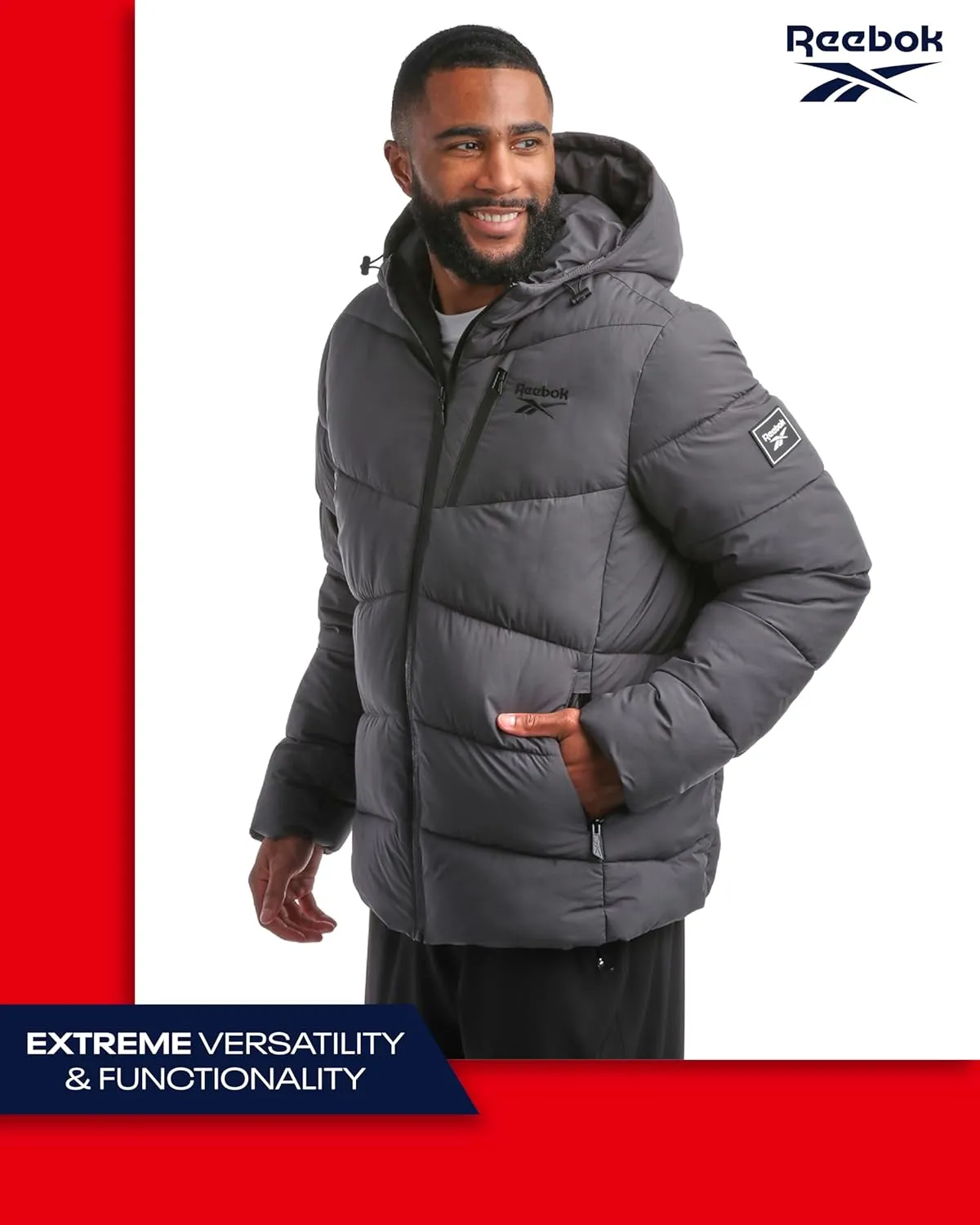 Reebok Men's Puffer Jacket - Comfort Stretch Insulated Puffer Jacket with Hood - Warm Hooded Jackets for Men (S-XXL)