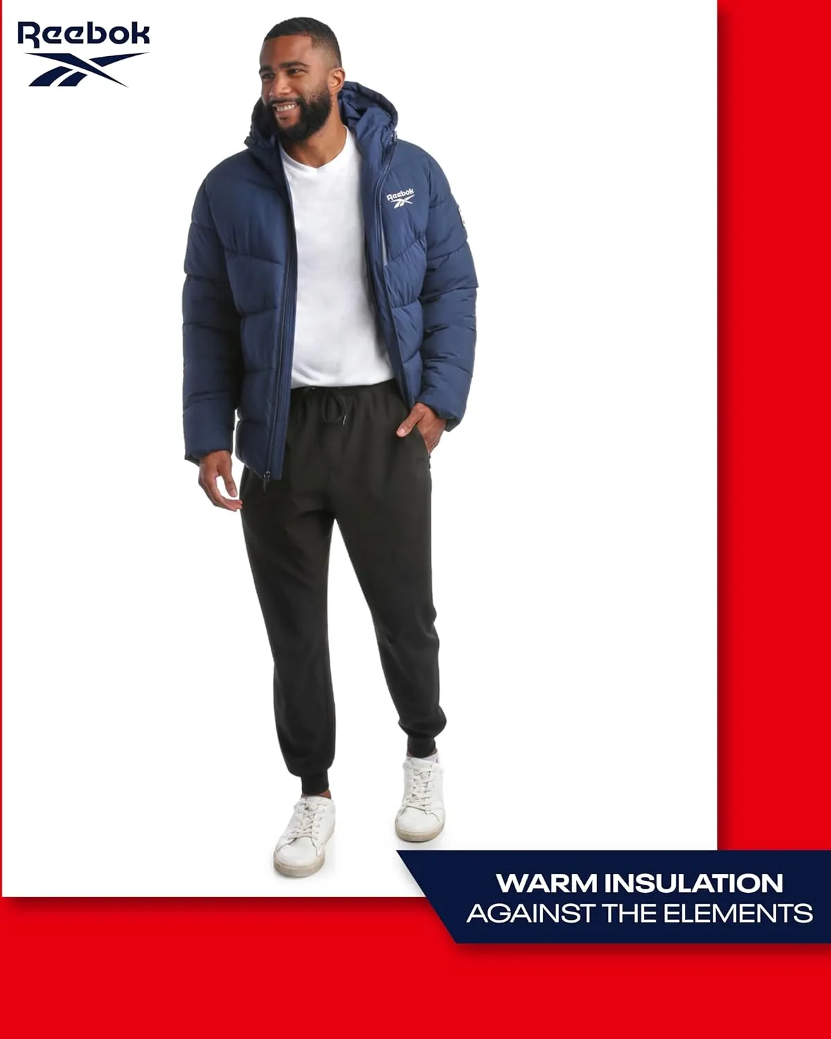 Reebok Men's Puffer Jacket - Comfort Stretch Insulated Puffer Jacket with Hood - Warm Hooded Jackets for Men (S-XXL)