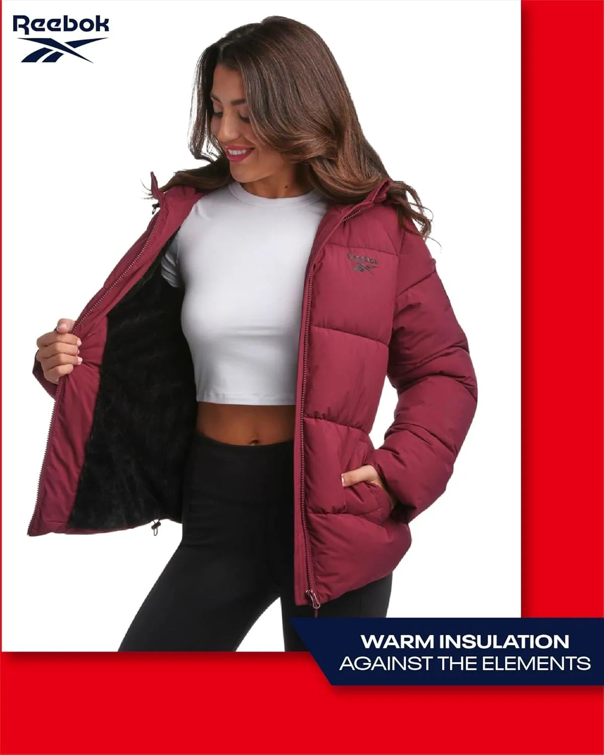 Reebok Women's Puffer Jacket - Comfort Stretch Zip Up Hooded Jacket with Fur Lining - Warm Quilted Jackets for Women (S-XL)