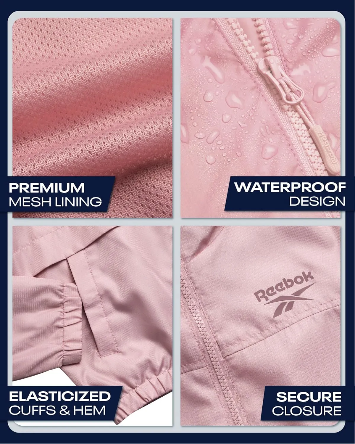 Reebok Womens Windbreaker Jacket - Lightweight Water and Wind Resistant Outdoor Hooded Rain Coat for Running (Sizes: S-XL)