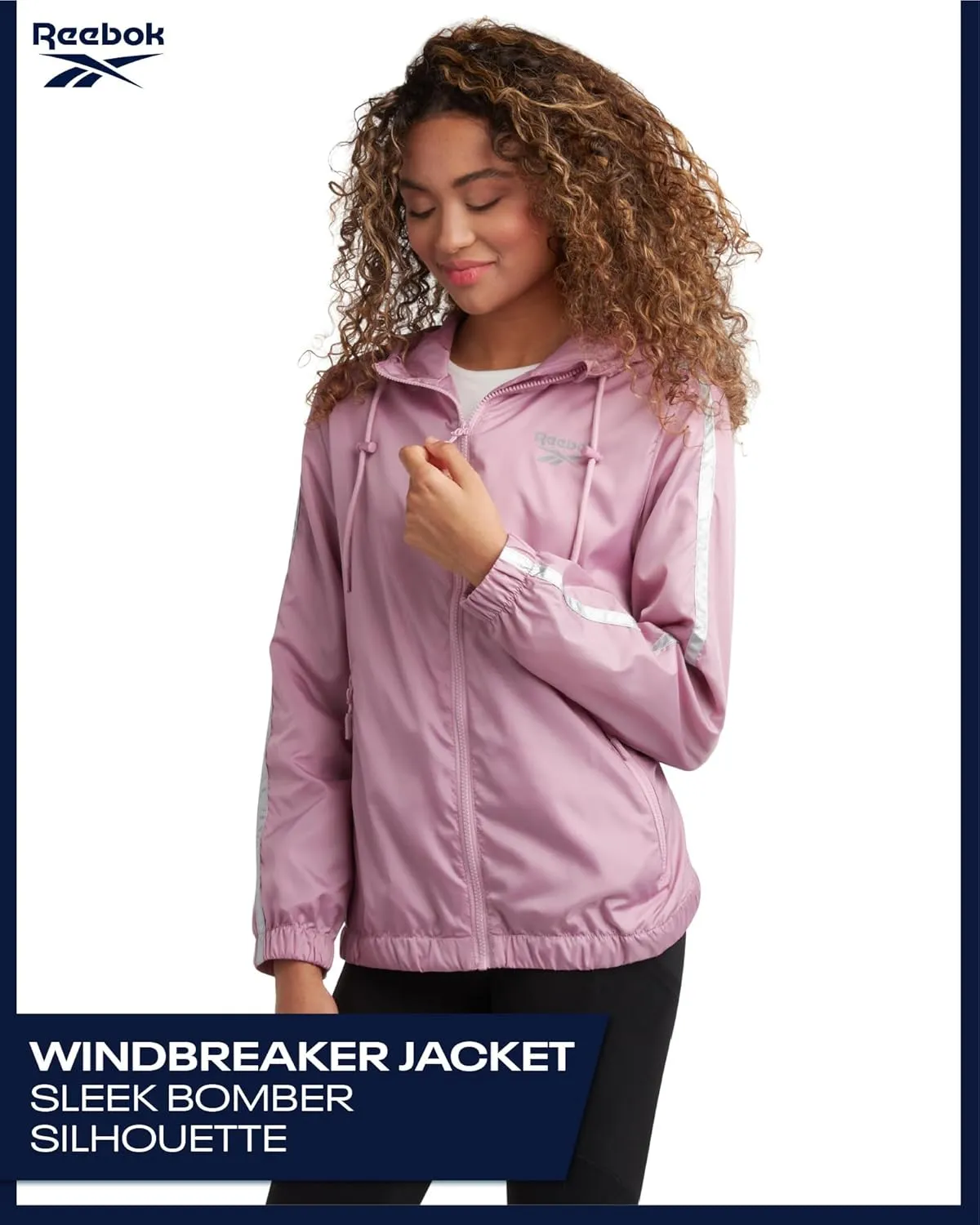 Reebok Womens Windbreaker Jacket - Lightweight Water and Wind Resistant Outdoor Hooded Rain Coat for Running (Sizes: S-XL)