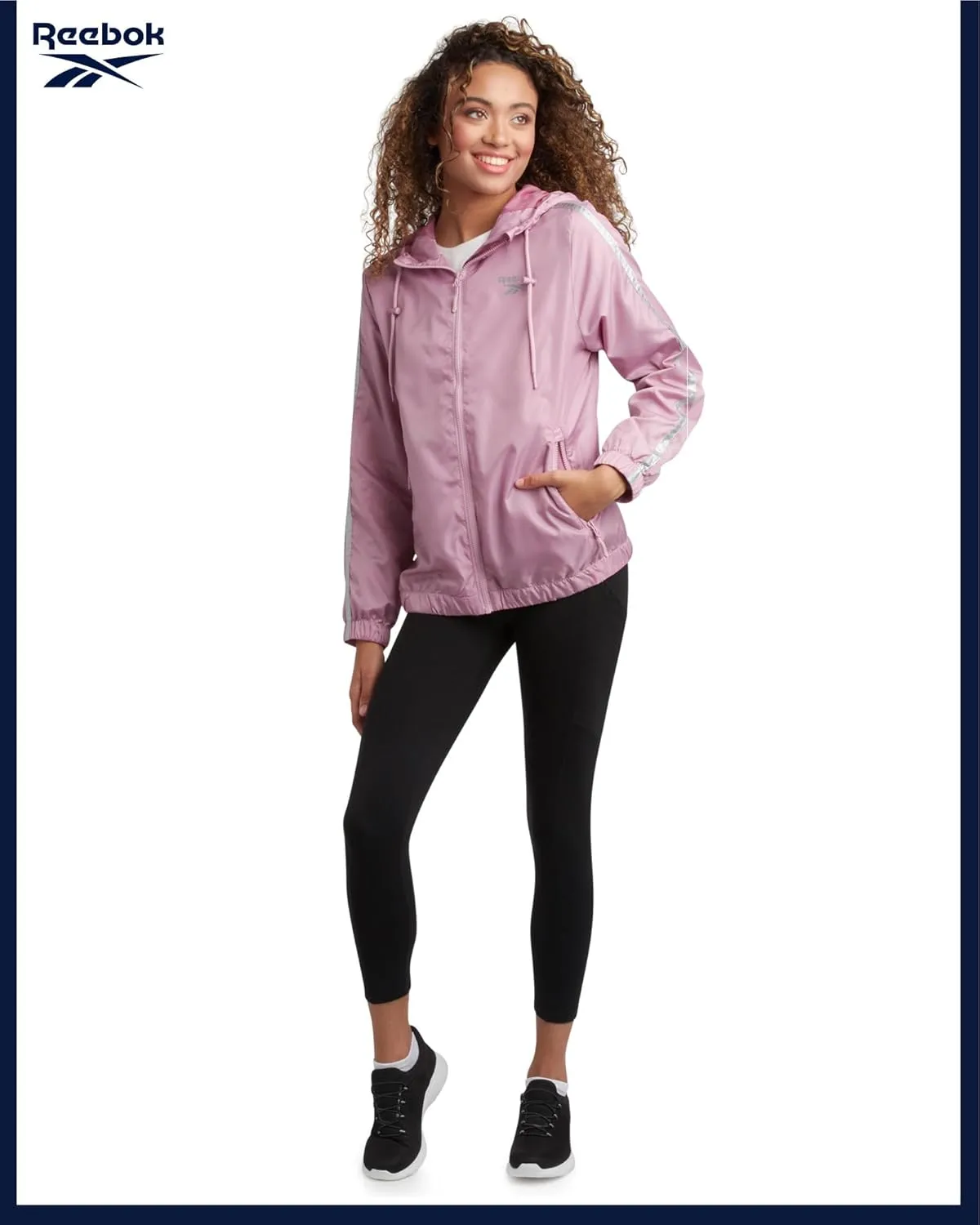 Reebok Womens Windbreaker Jacket - Lightweight Water and Wind Resistant Outdoor Hooded Rain Coat for Running (Sizes: S-XL)