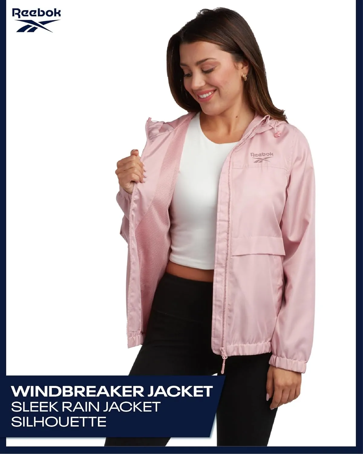 Reebok Womens Windbreaker Jacket - Lightweight Water and Wind Resistant Outdoor Hooded Rain Coat for Running (Sizes: S-XL)