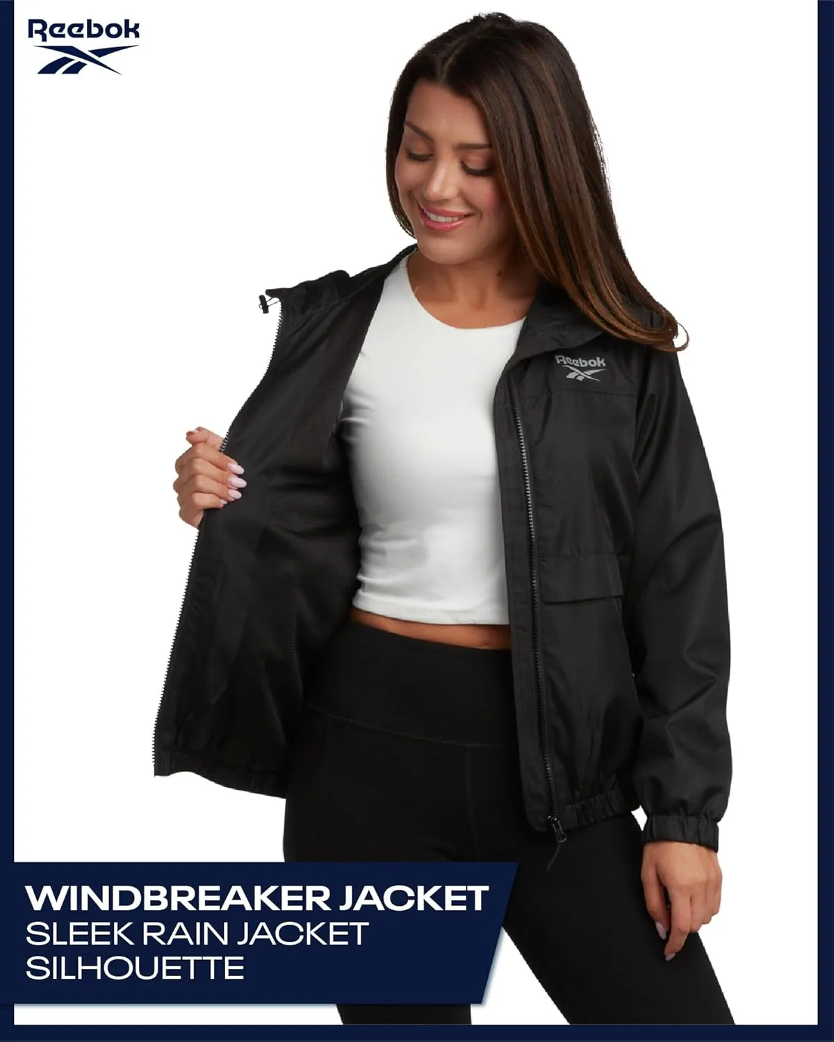 Reebok Womens Windbreaker Jacket - Lightweight Water and Wind Resistant Outdoor Hooded Rain Coat for Running (Sizes: S-XL)