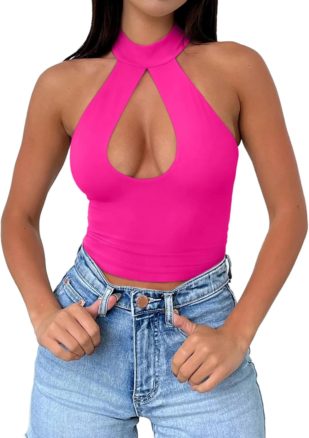 REORIA Women's Sexy Criss Cross Halter Neck Crop Tops Trendy Sleeveless Y2K Nightout Clubwear Going Out Tops