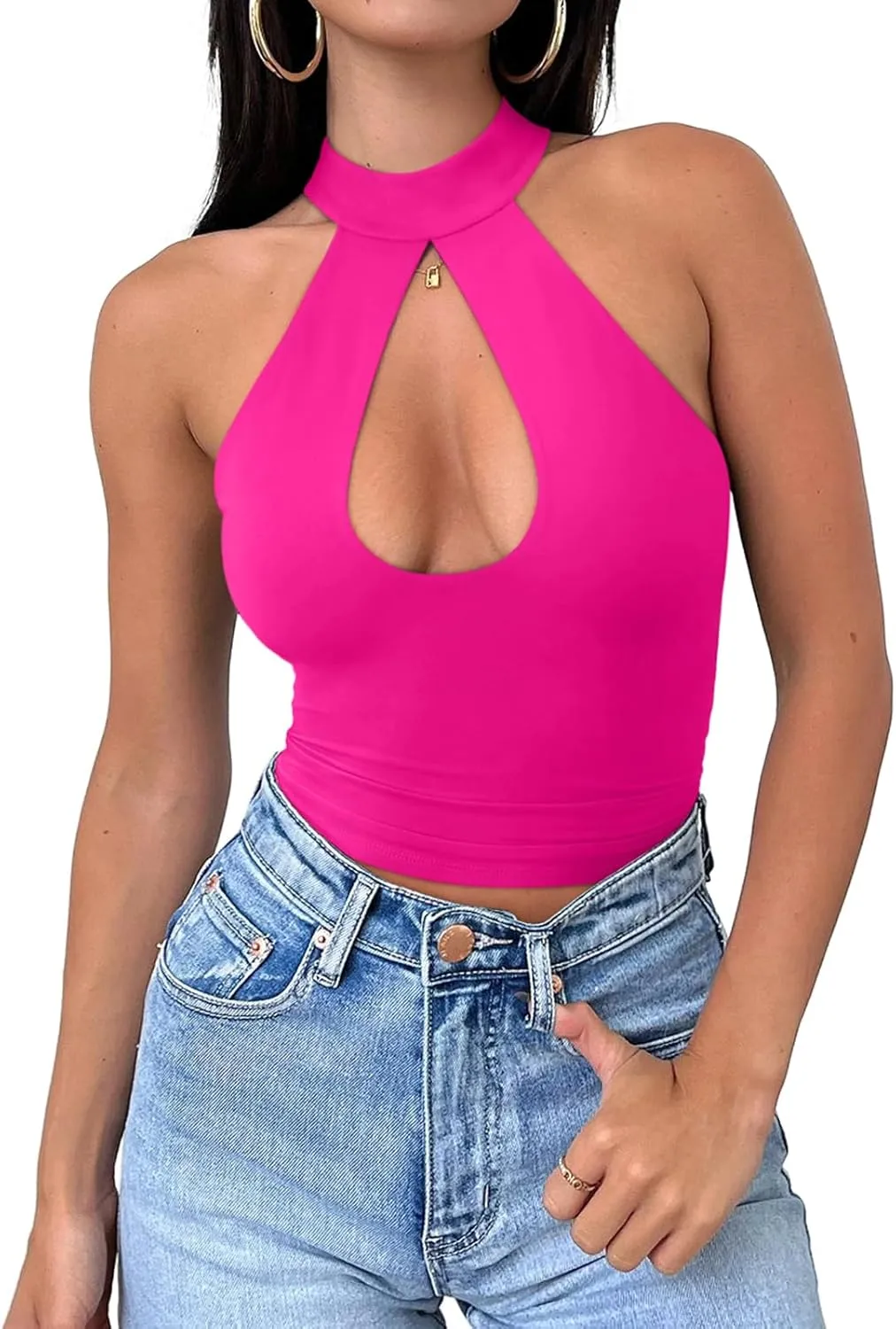 REORIA Women's Sexy Criss Cross Halter Neck Crop Tops Trendy Sleeveless Y2K Nightout Clubwear Going Out Tops