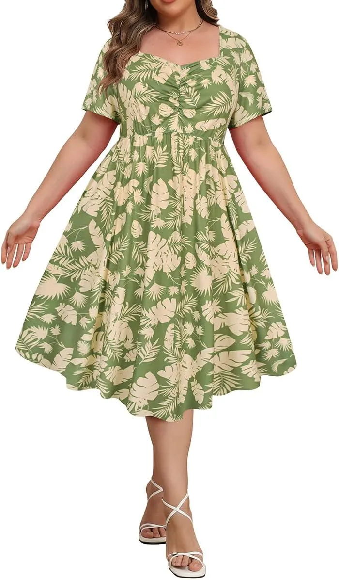 RITERA Plus Size Dresses for Curvy Women Boho Summer Midi Dress Sweetheart Neck Short Sleeve Dresses Empire Waist with Pocket