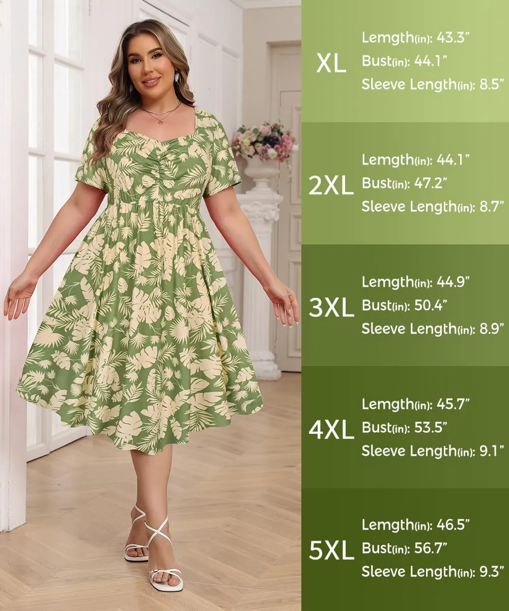 RITERA Plus Size Dresses for Curvy Women Boho Summer Midi Dress Sweetheart Neck Short Sleeve Dresses Empire Waist with Pocket