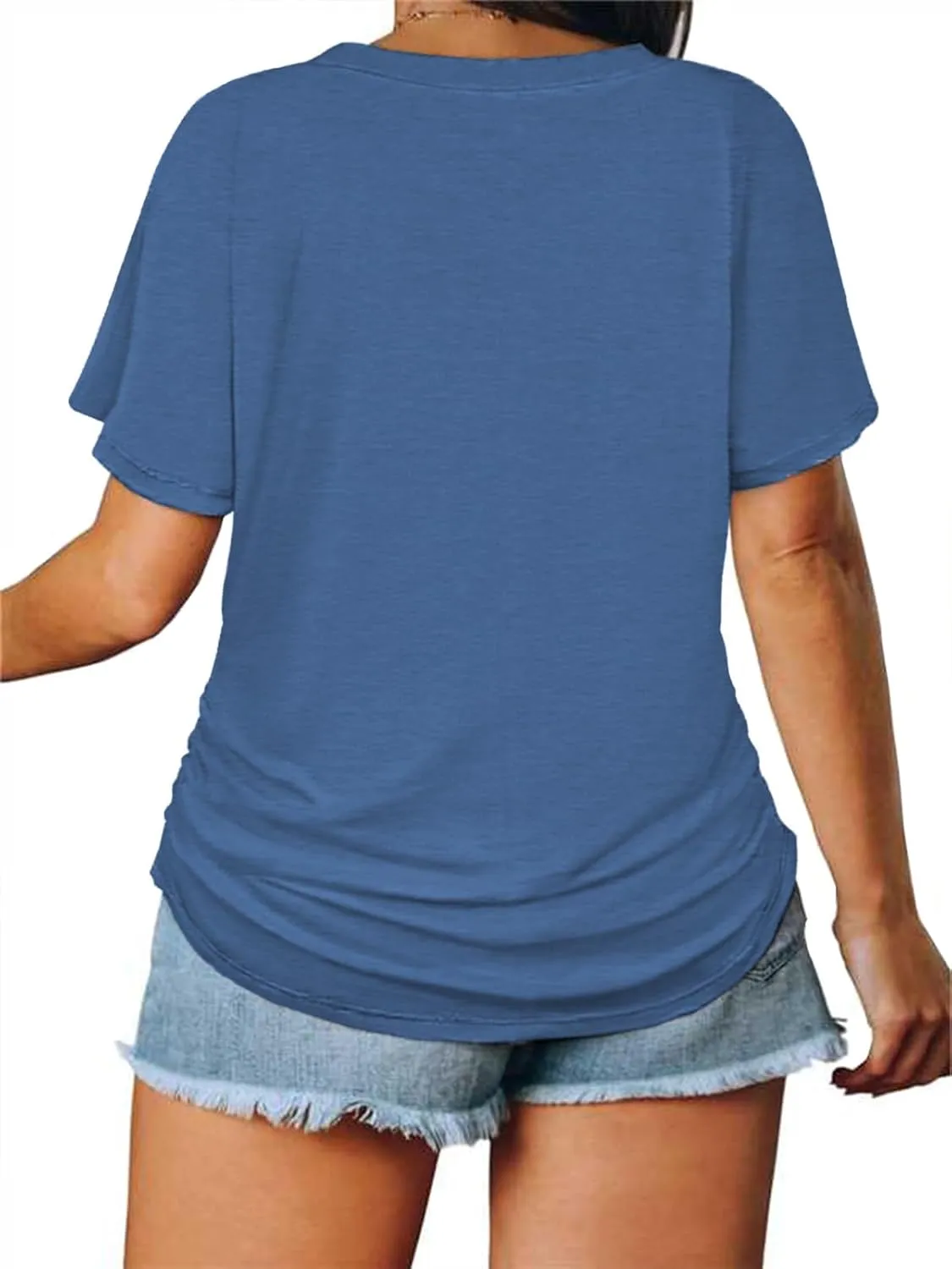 ROSRISS Womens Plus-Size Tops Trendy Oversized V Neck Side Shirring T Shirts Casual Loose Fit Flowy Short Sleeve Tees XL-5XL
