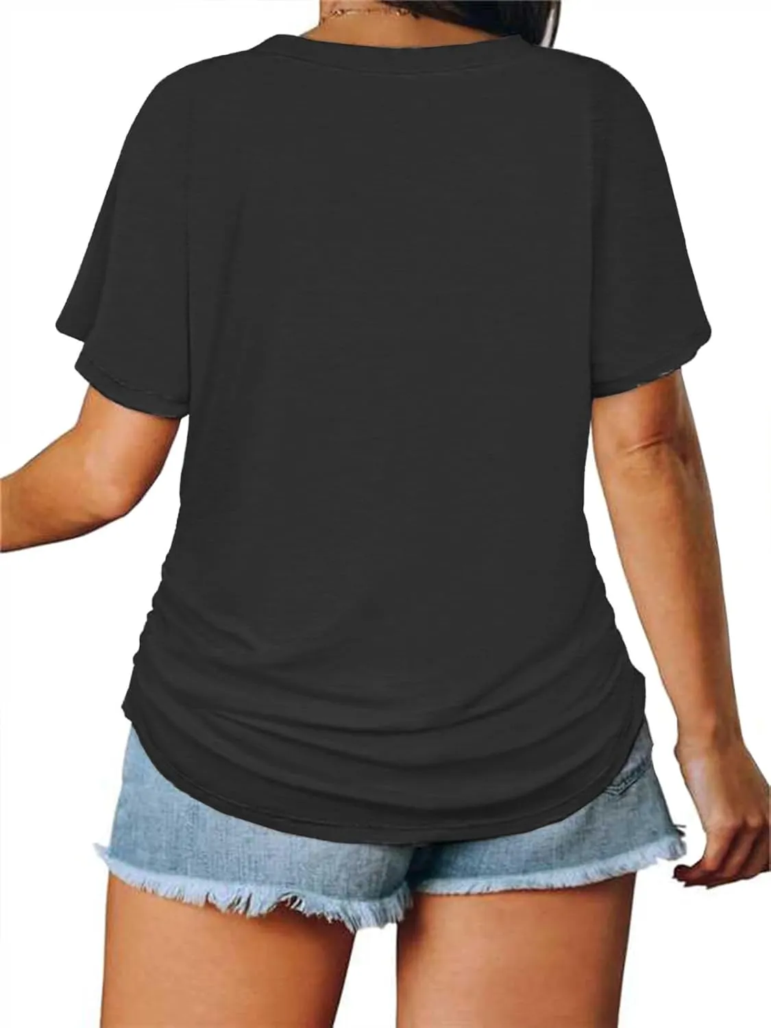 ROSRISS Womens Plus-Size Tops Trendy Oversized V Neck Side Shirring T Shirts Casual Loose Fit Flowy Short Sleeve Tees XL-5XL