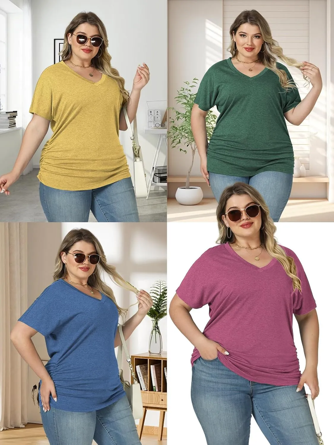 ROSRISS Womens Plus-Size Tops Trendy Oversized V Neck Side Shirring T Shirts Casual Loose Fit Flowy Short Sleeve Tees XL-5XL