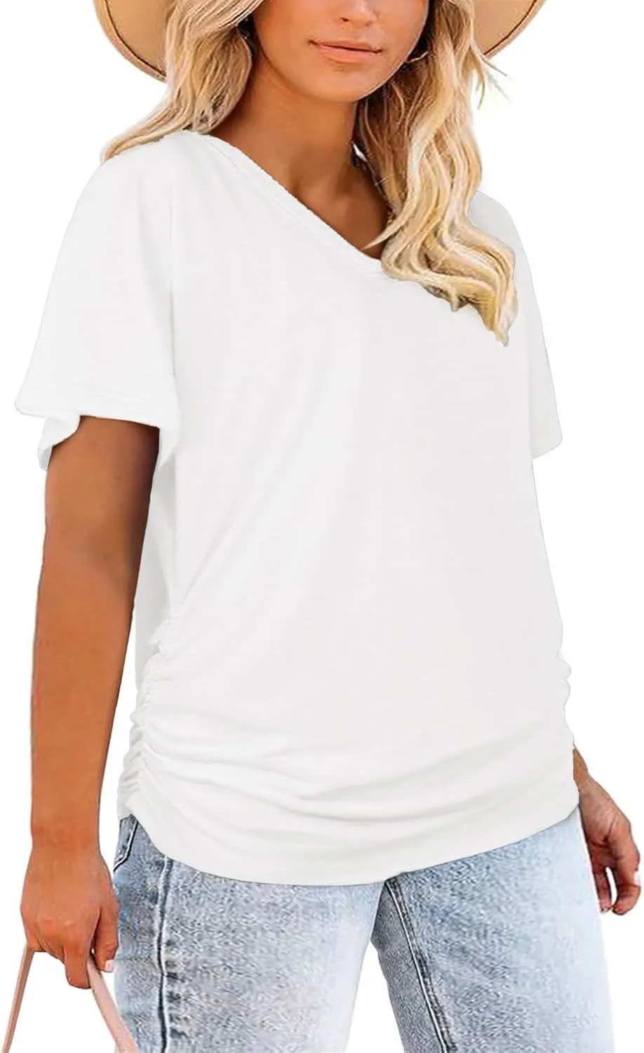 ROSRISS Womens Plus-Size Tops Trendy Oversized V Neck Side Shirring T Shirts Casual Loose Fit Flowy Short Sleeve Tees XL-5XL