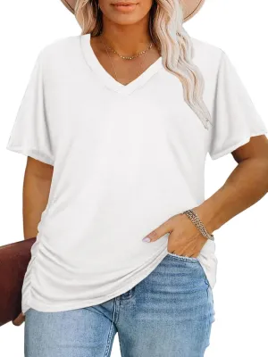 ROSRISS Womens Plus-Size Tops Trendy Oversized V Neck Side Shirring T Shirts Casual Loose Fit Flowy Short Sleeve Tees XL-5XL