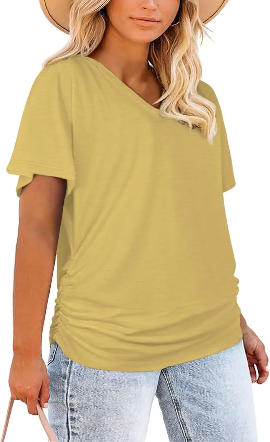ROSRISS Womens Plus-Size Tops Trendy Oversized V Neck Side Shirring T Shirts Casual Loose Fit Flowy Short Sleeve Tees XL-5XL
