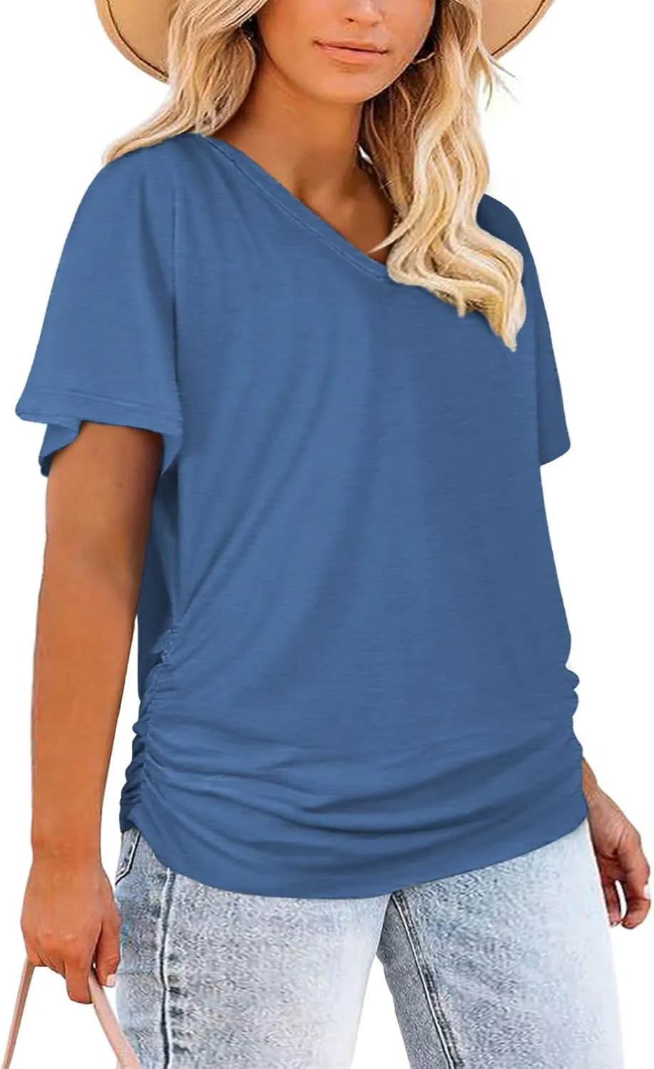 ROSRISS Womens Plus-Size Tops Trendy Oversized V Neck Side Shirring T Shirts Casual Loose Fit Flowy Short Sleeve Tees XL-5XL