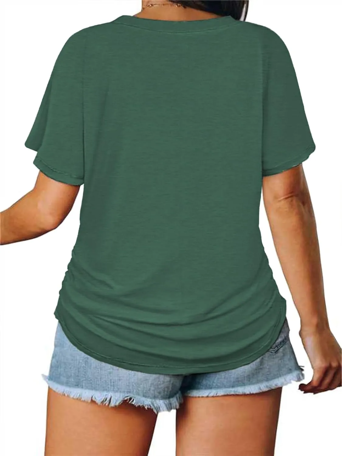 ROSRISS Womens Plus-Size Tops Trendy Oversized V Neck Side Shirring T Shirts Casual Loose Fit Flowy Short Sleeve Tees XL-5XL