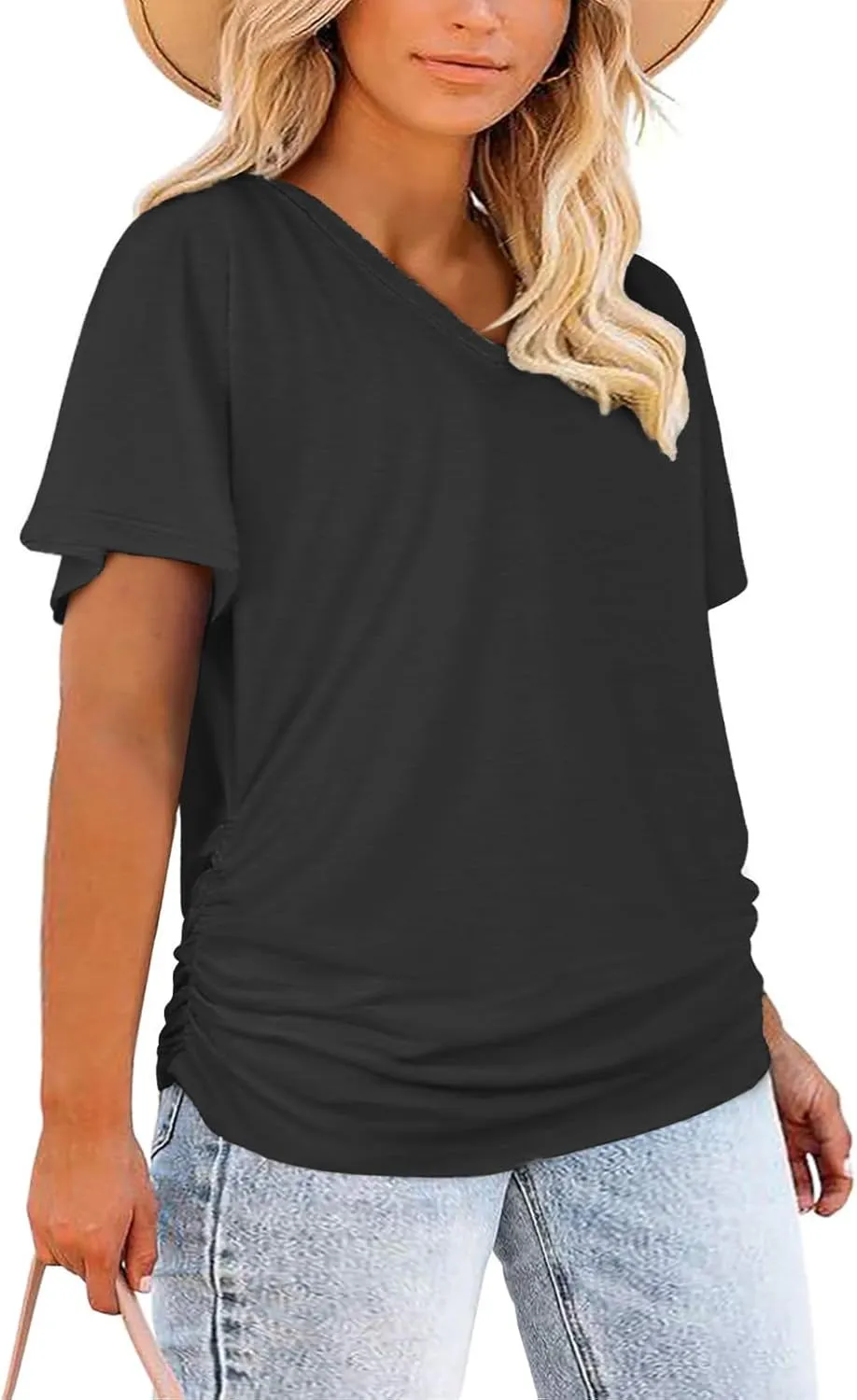 ROSRISS Womens Plus-Size Tops Trendy Oversized V Neck Side Shirring T Shirts Casual Loose Fit Flowy Short Sleeve Tees XL-5XL