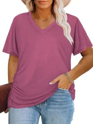 ROSRISS Womens Plus-Size Tops Trendy Oversized V Neck Side Shirring T Shirts Casual Loose Fit Flowy Short Sleeve Tees XL-5XL