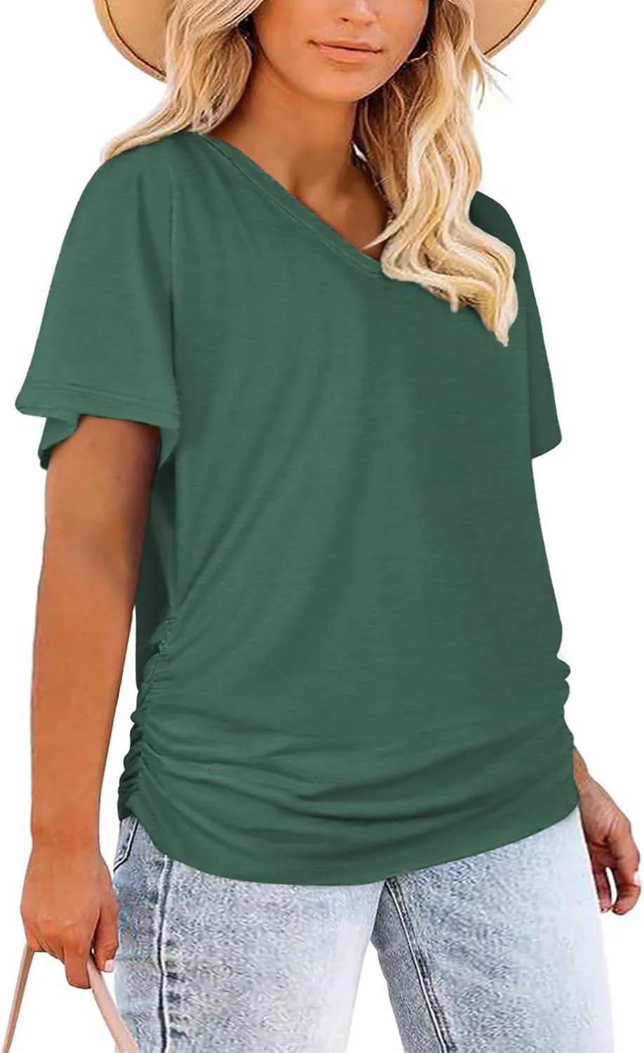 ROSRISS Womens Plus-Size Tops Trendy Oversized V Neck Side Shirring T Shirts Casual Loose Fit Flowy Short Sleeve Tees XL-5XL