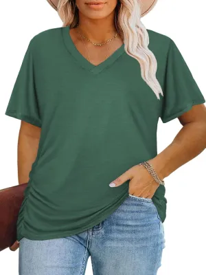 ROSRISS Womens Plus-Size Tops Trendy Oversized V Neck Side Shirring T Shirts Casual Loose Fit Flowy Short Sleeve Tees XL-5XL