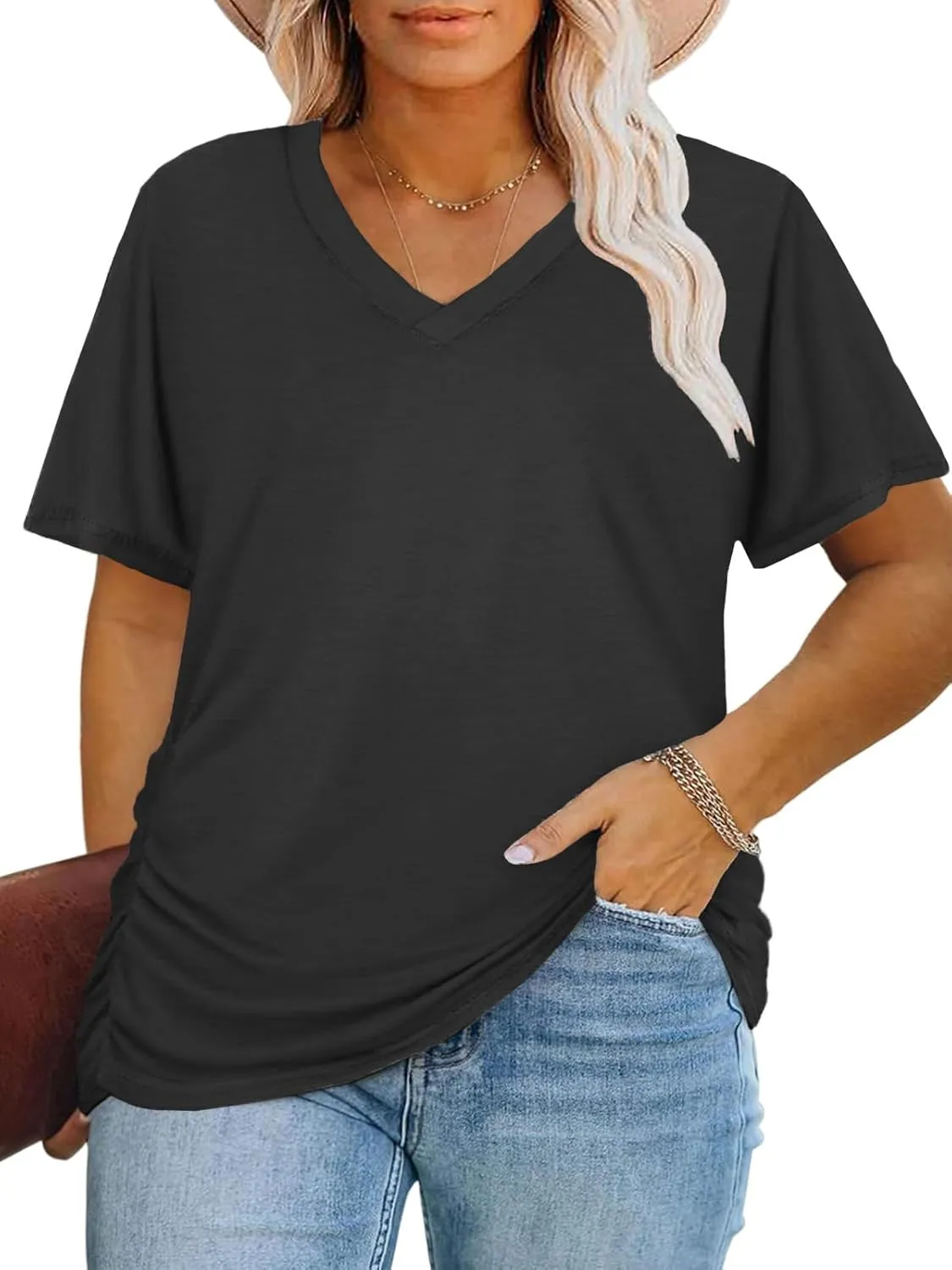 ROSRISS Womens Plus-Size Tops Trendy Oversized V Neck Side Shirring T Shirts Casual Loose Fit Flowy Short Sleeve Tees XL-5XL