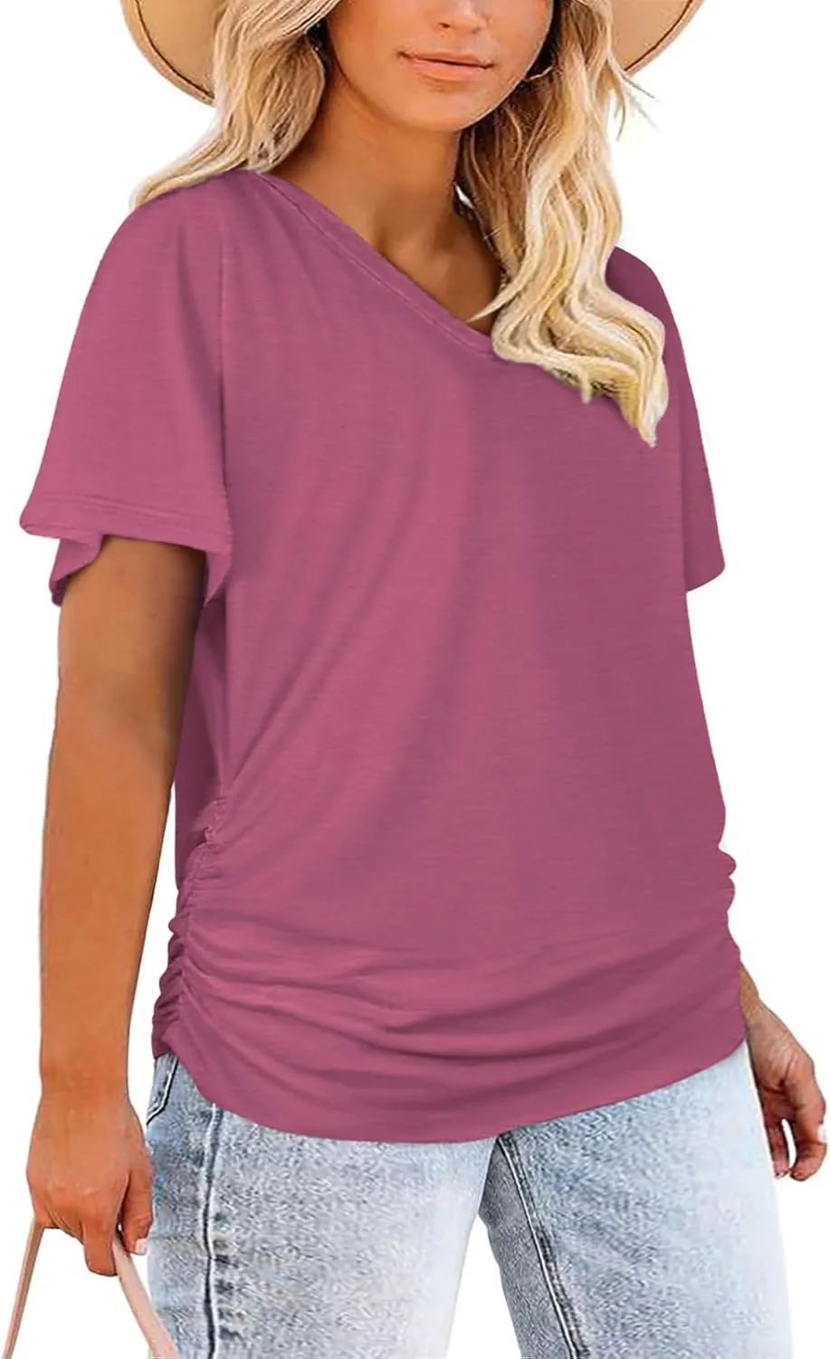 ROSRISS Womens Plus-Size Tops Trendy Oversized V Neck Side Shirring T Shirts Casual Loose Fit Flowy Short Sleeve Tees XL-5XL