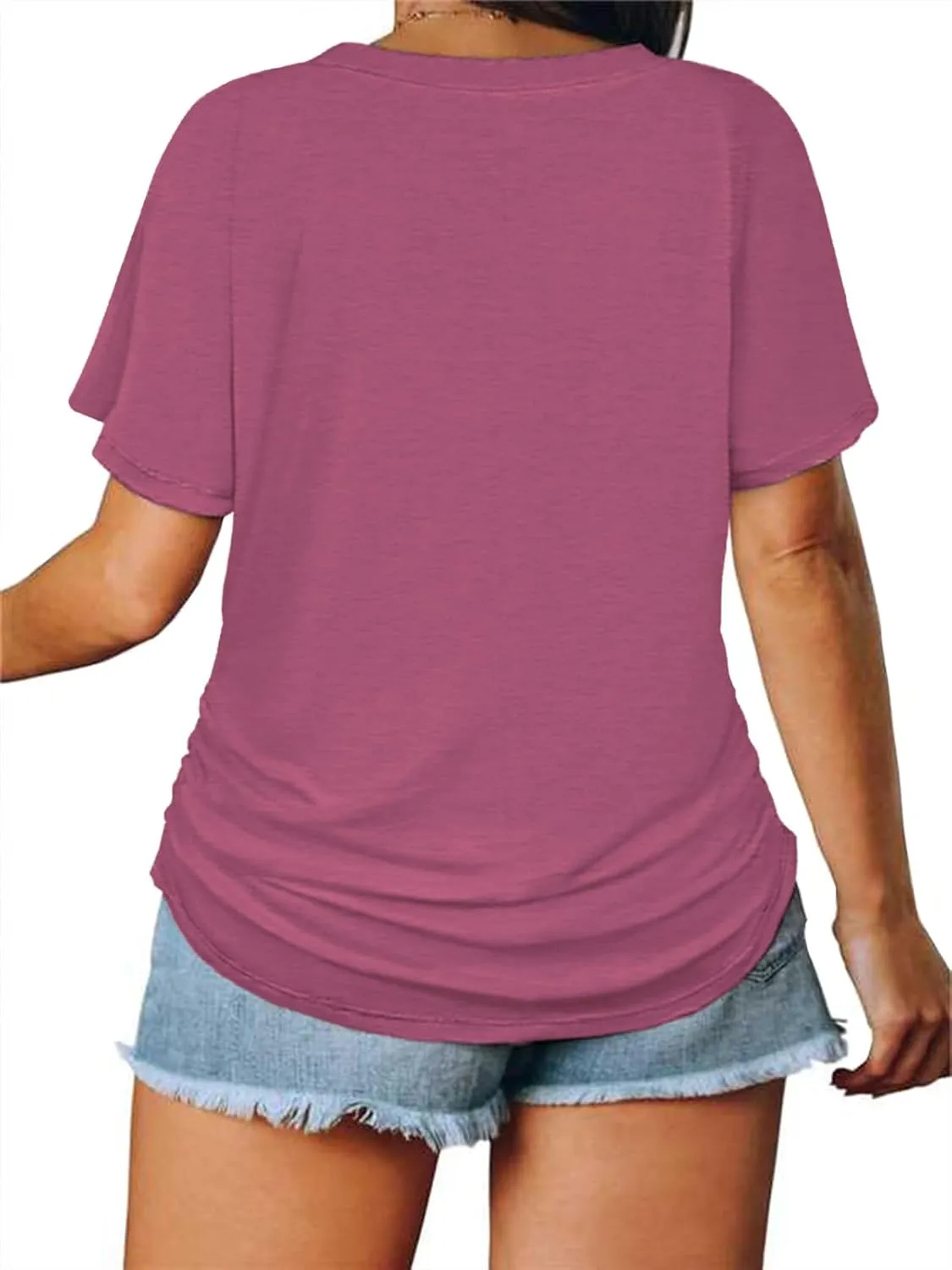 ROSRISS Womens Plus-Size Tops Trendy Oversized V Neck Side Shirring T Shirts Casual Loose Fit Flowy Short Sleeve Tees XL-5XL