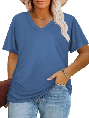 ROSRISS Womens Plus-Size Tops Trendy Oversized V Neck Side Shirring T Shirts Casual Loose Fit Flowy Short Sleeve Tees XL-5XL