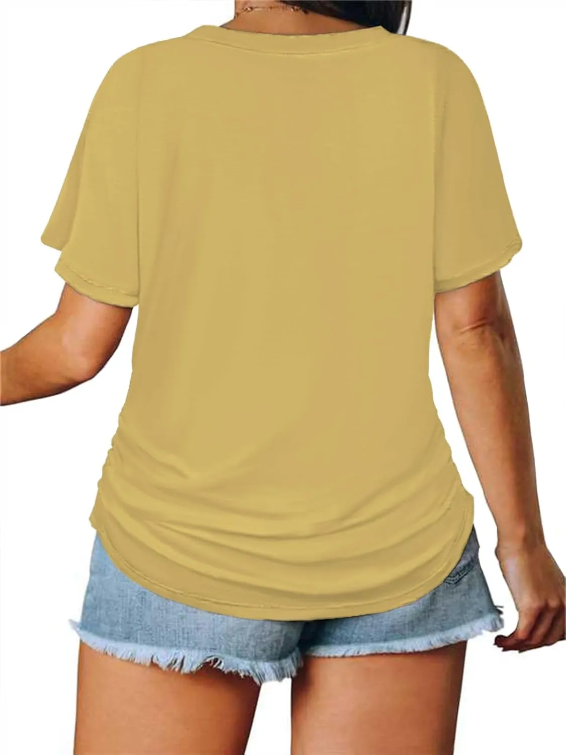 ROSRISS Womens Plus-Size Tops Trendy Oversized V Neck Side Shirring T Shirts Casual Loose Fit Flowy Short Sleeve Tees XL-5XL