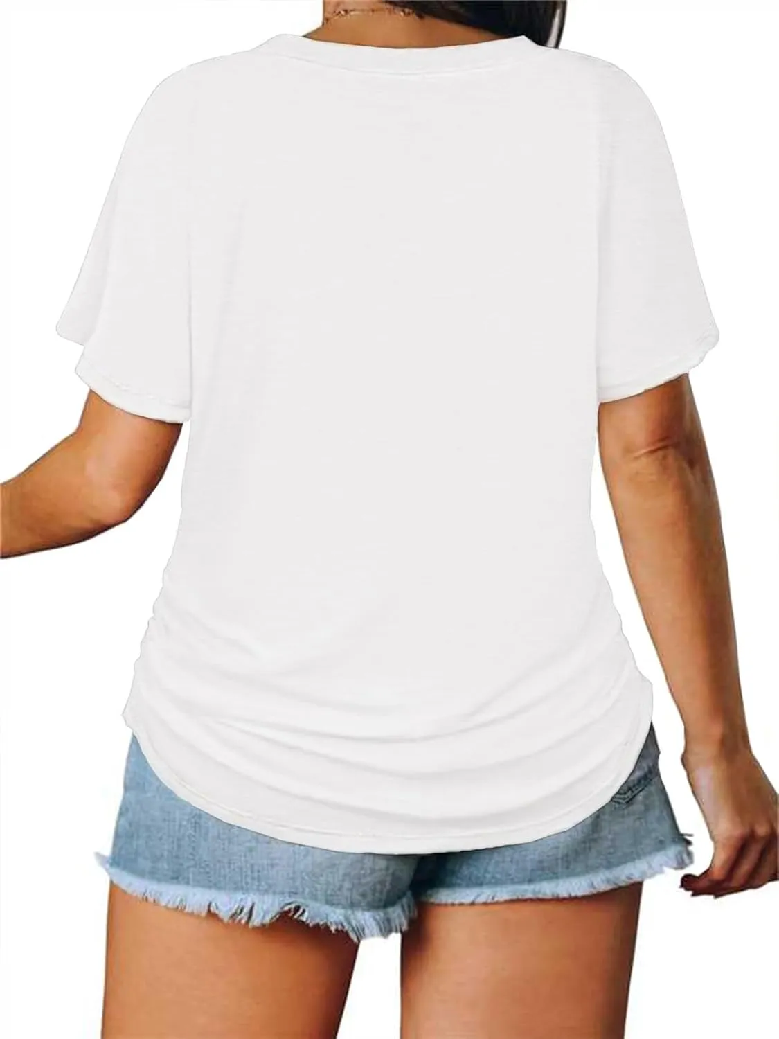 ROSRISS Womens Plus-Size Tops Trendy Oversized V Neck Side Shirring T Shirts Casual Loose Fit Flowy Short Sleeve Tees XL-5XL