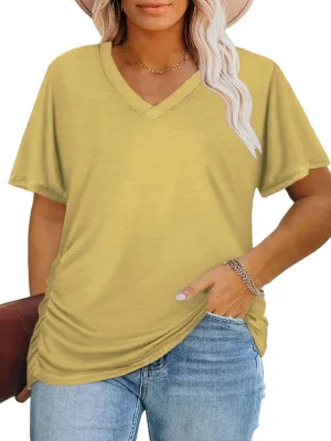 ROSRISS Womens Plus-Size Tops Trendy Oversized V Neck Side Shirring T Shirts Casual Loose Fit Flowy Short Sleeve Tees XL-5XL