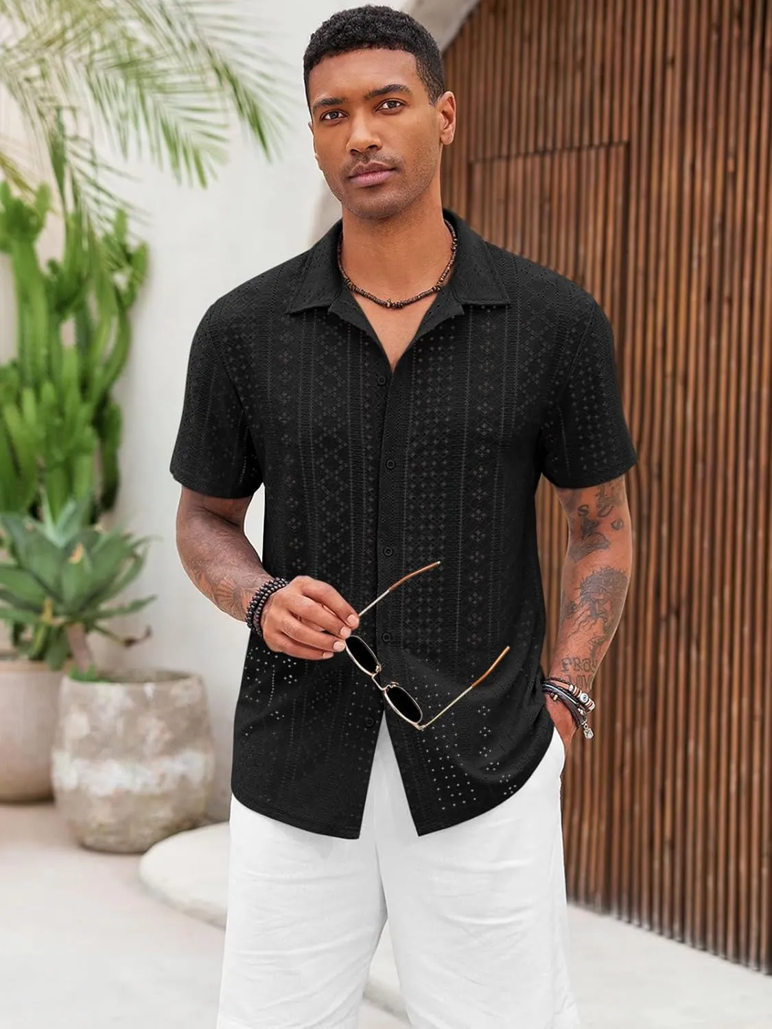 Runcati Mens Casual Button Down Shirt Short Sleeve Summer Beach Hollow Out Tropical Shirts
