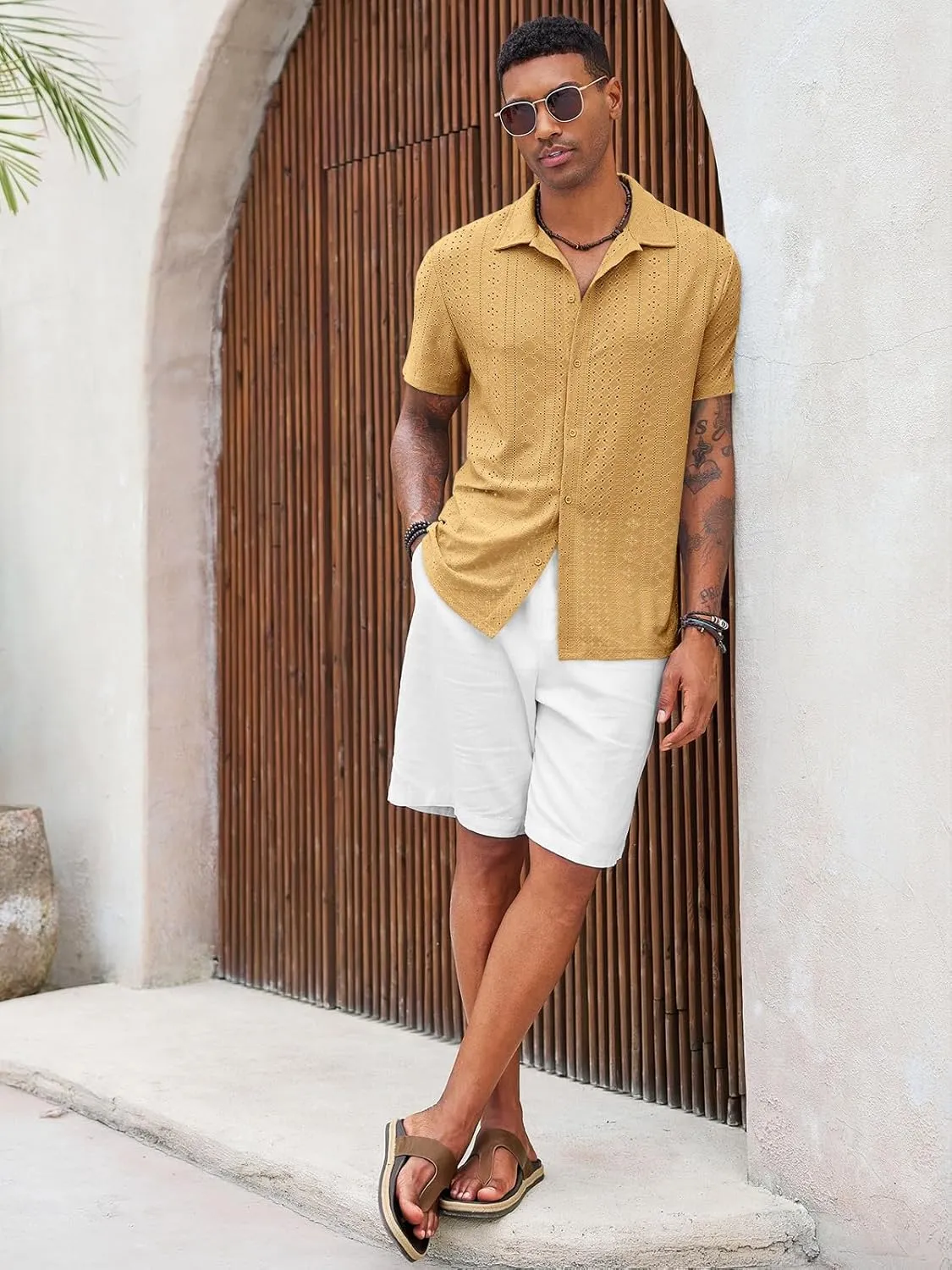 Runcati Mens Casual Button Down Shirt Short Sleeve Summer Beach Hollow Out Tropical Shirts