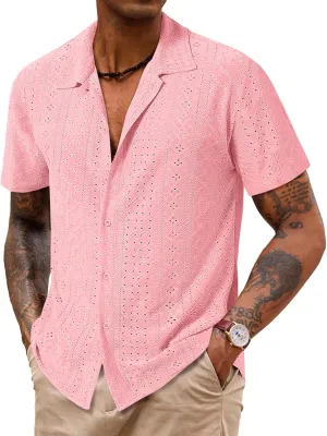 Runcati Mens Casual Button Down Shirt Short Sleeve Summer Beach Hollow Out Tropical Shirts