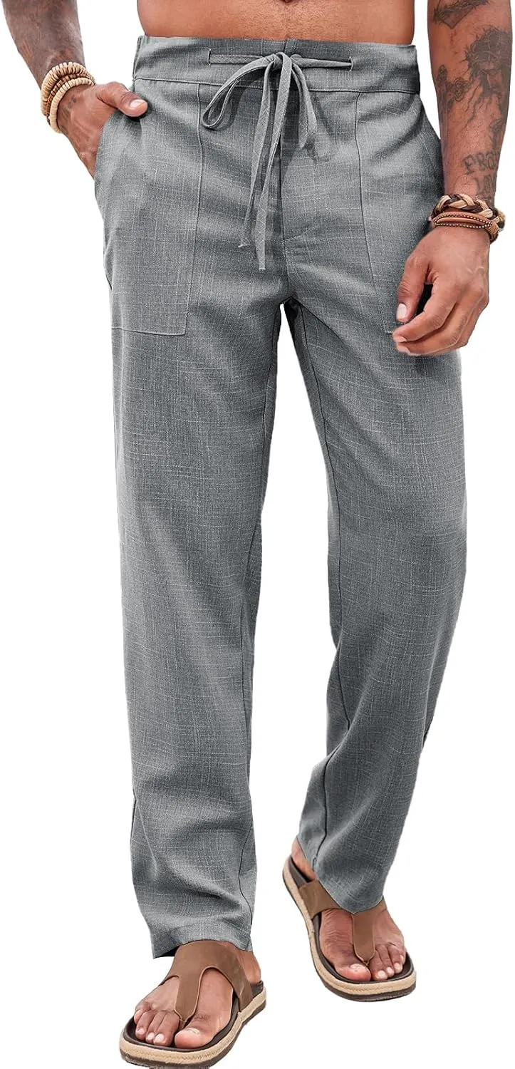 Runcati Mens Casual Pants Elastic Waist Drawstring Pants Lightweight Summer Beach Yoga Linen Trousers