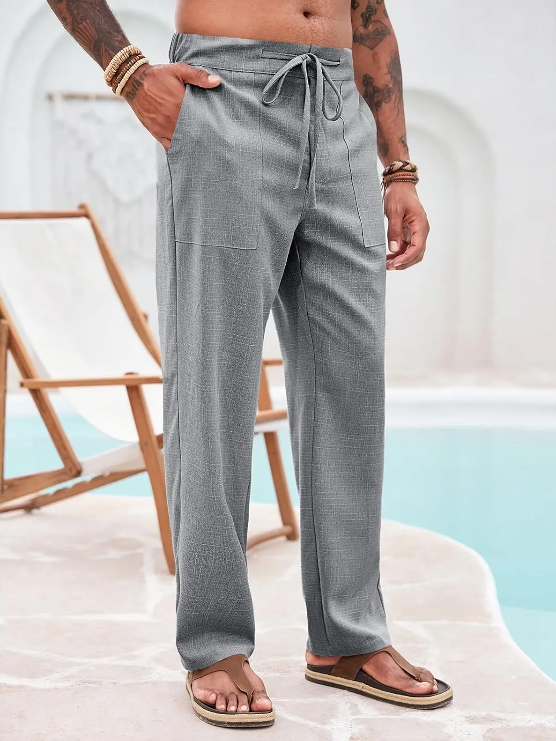 Runcati Mens Casual Pants Elastic Waist Drawstring Pants Lightweight Summer Beach Yoga Linen Trousers