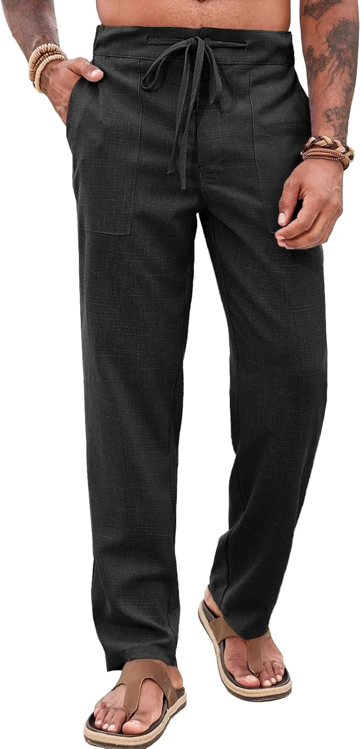Runcati Mens Casual Pants Elastic Waist Drawstring Pants Lightweight Summer Beach Yoga Linen Trousers
