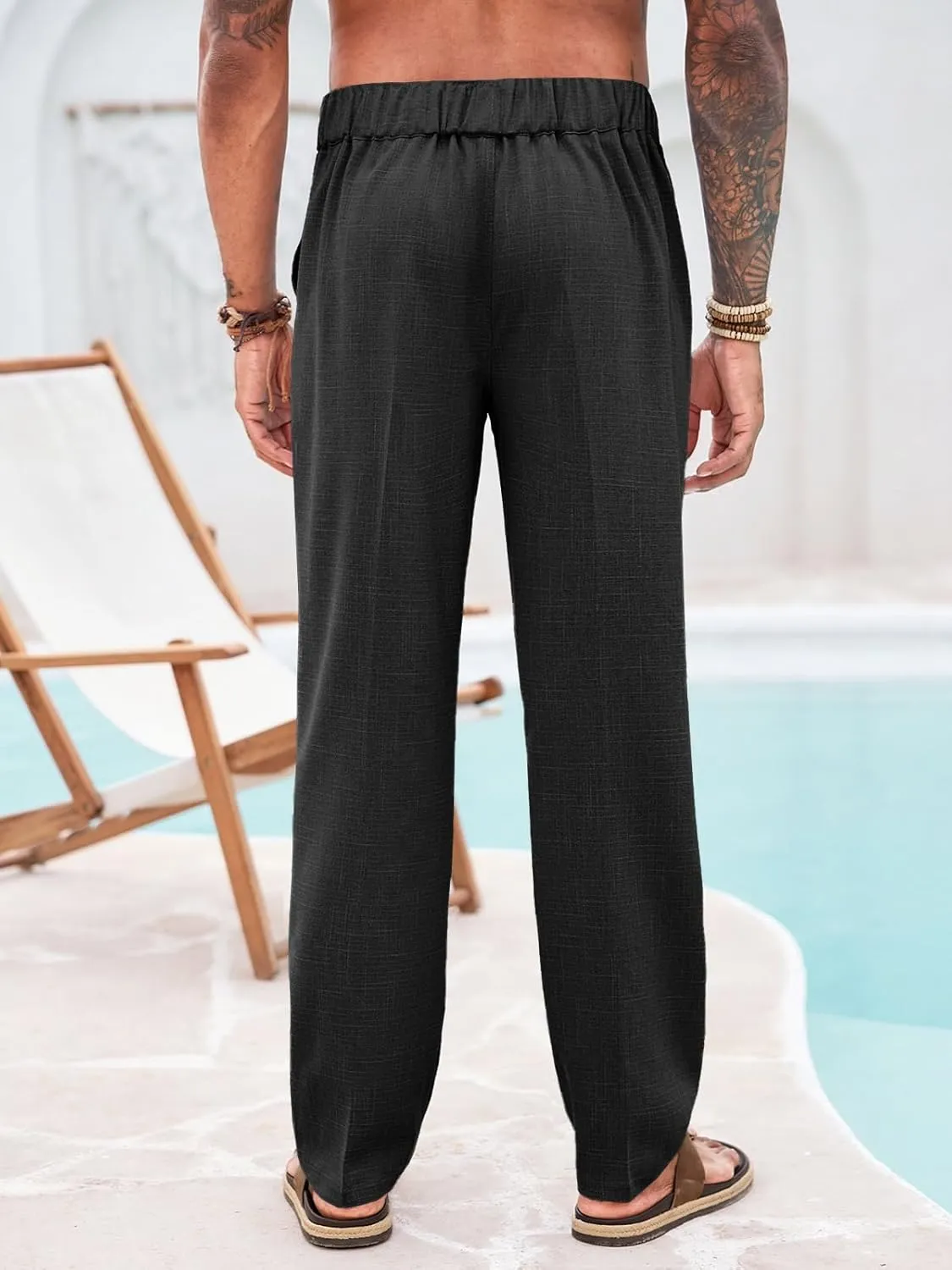 Runcati Mens Casual Pants Elastic Waist Drawstring Pants Lightweight Summer Beach Yoga Linen Trousers