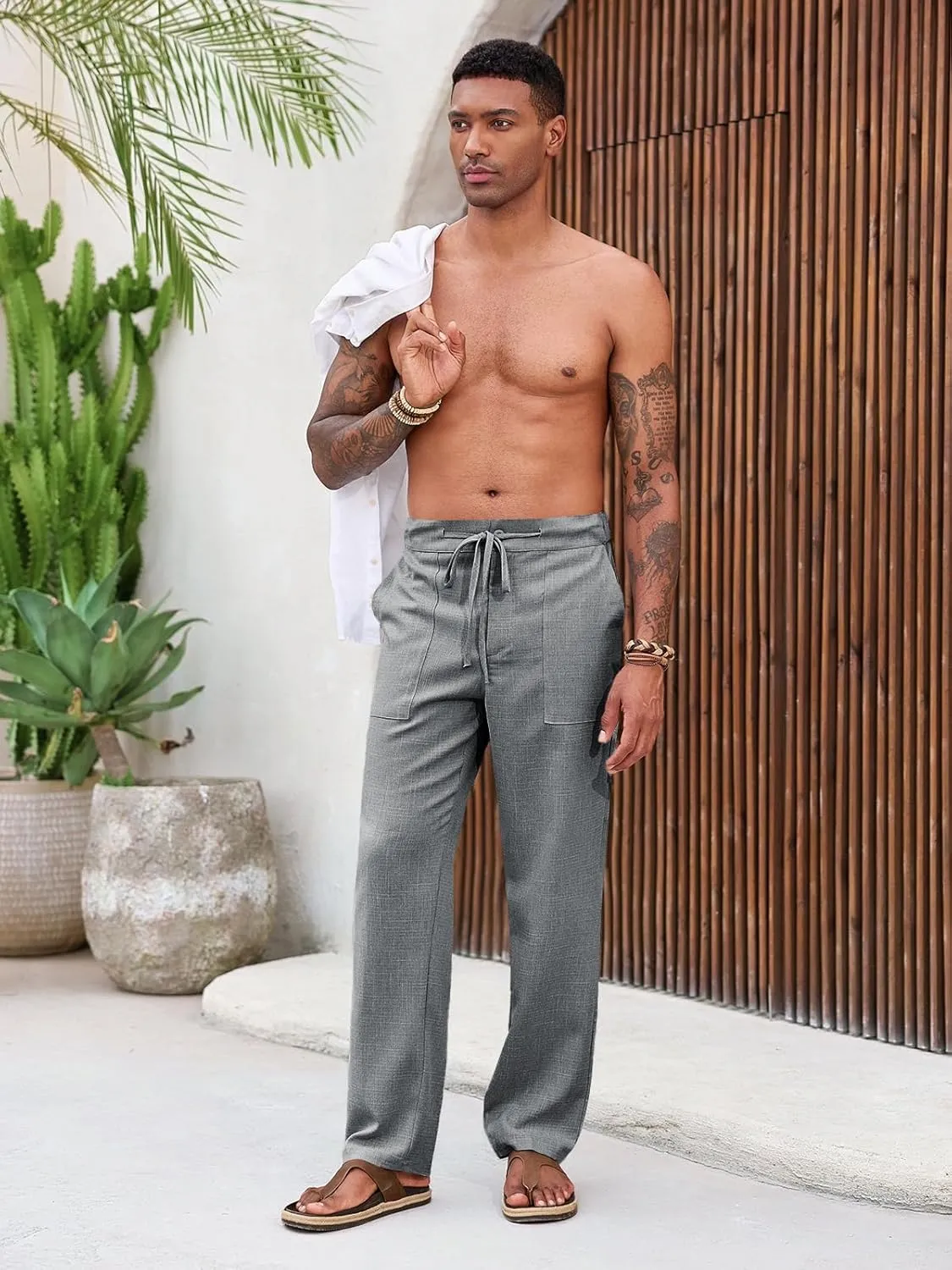 Runcati Mens Casual Pants Elastic Waist Drawstring Pants Lightweight Summer Beach Yoga Linen Trousers
