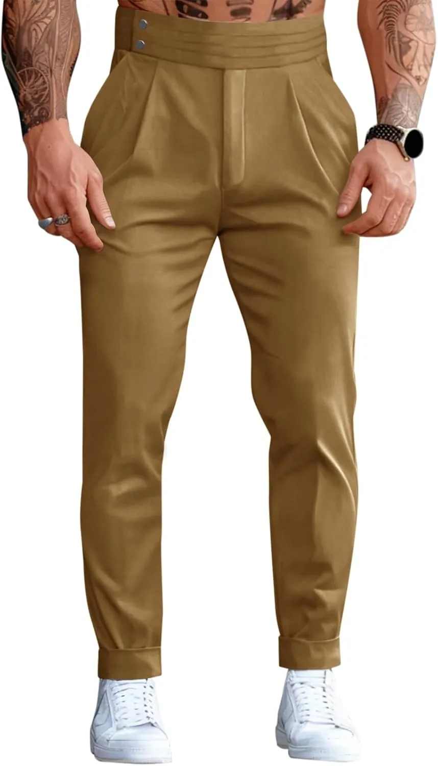 Runcati Mens Dress Pants Pleated Elastic Waist Chinos Trousers Work Suit Pants Slim Fit Slacks