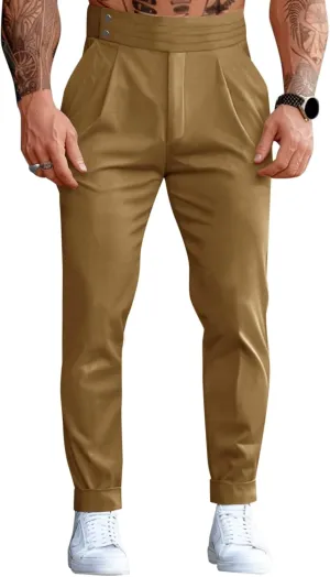 Runcati Mens Dress Pants Pleated Elastic Waist Chinos Trousers Work Suit Pants Slim Fit Slacks