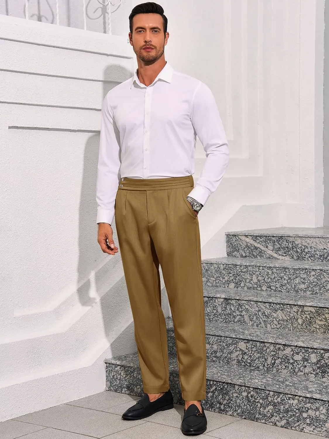 Runcati Mens Dress Pants Pleated Elastic Waist Chinos Trousers Work Suit Pants Slim Fit Slacks