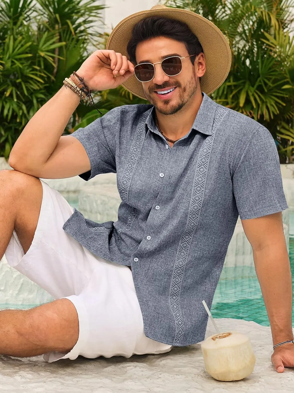 Runcati Mens Guayabera Shirts Button Down Cuban Casual Short Sleeve Shirt Summer Linen Beach Mexican Wedding Tops