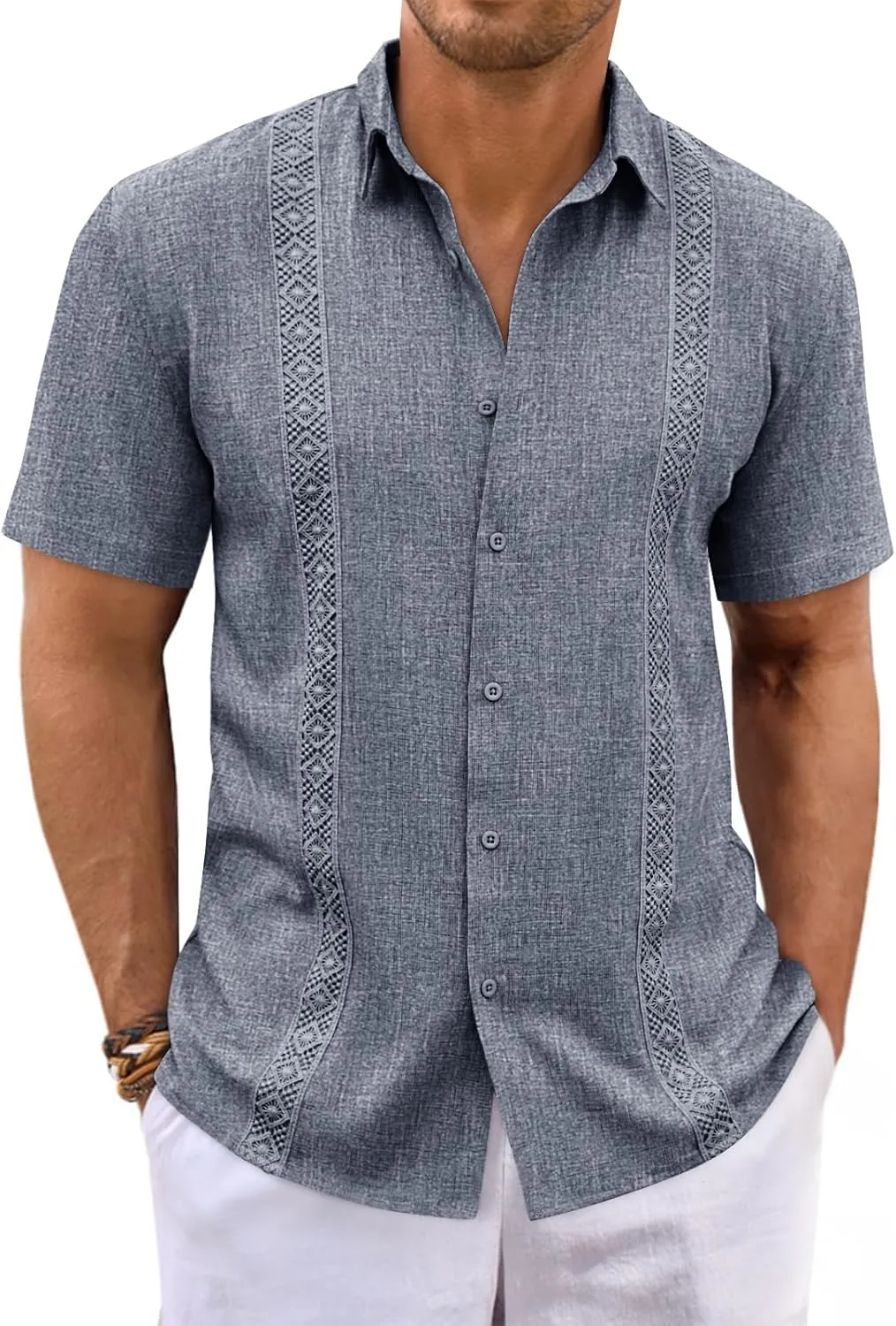 Runcati Mens Guayabera Shirts Button Down Cuban Casual Short Sleeve Shirt Summer Linen Beach Mexican Wedding Tops